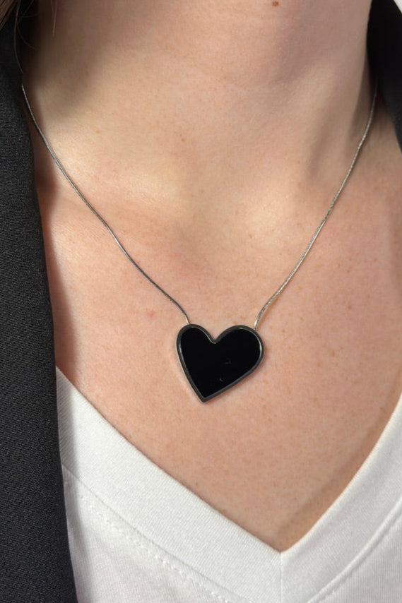 Black Heart Pendant Necklace - Silver