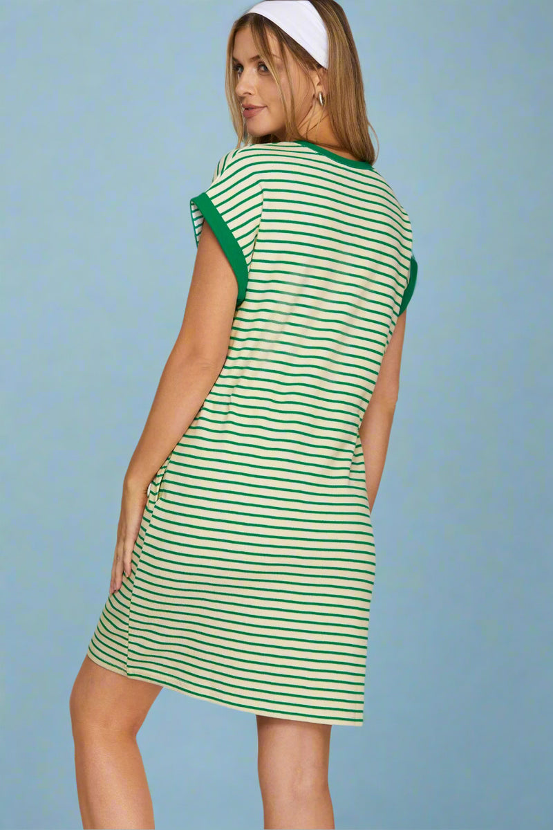 Cinch Waist Striped Knit Dress - Green