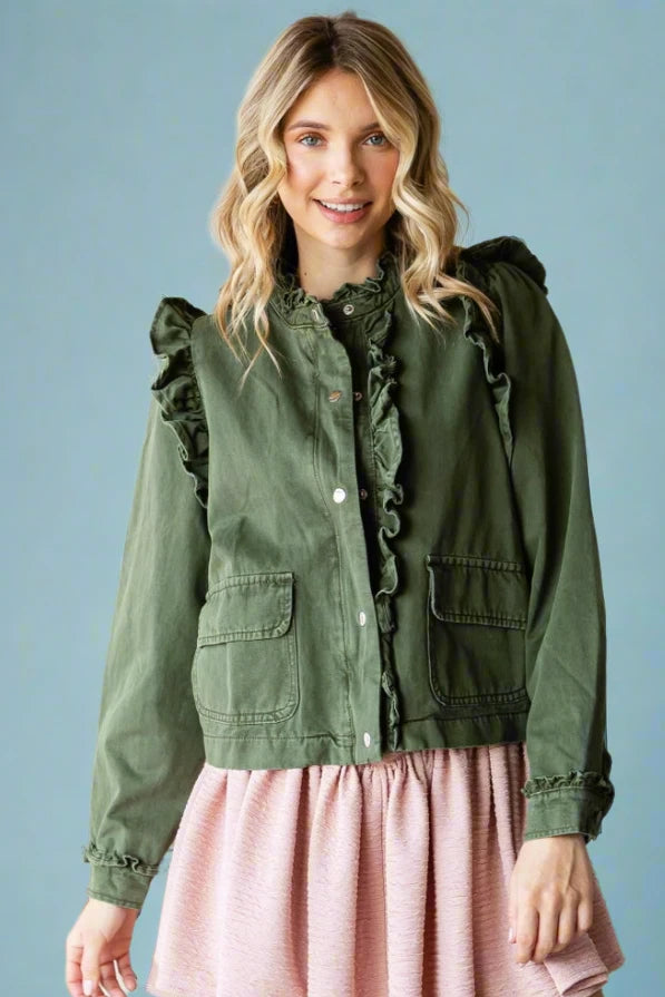 Ruffle Detail Jacket - Olive