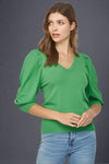 Puff Sleeve V Neck Sweater - Green