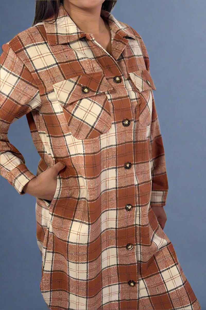 Rust, Cream & Brown Plaid Long Flannel