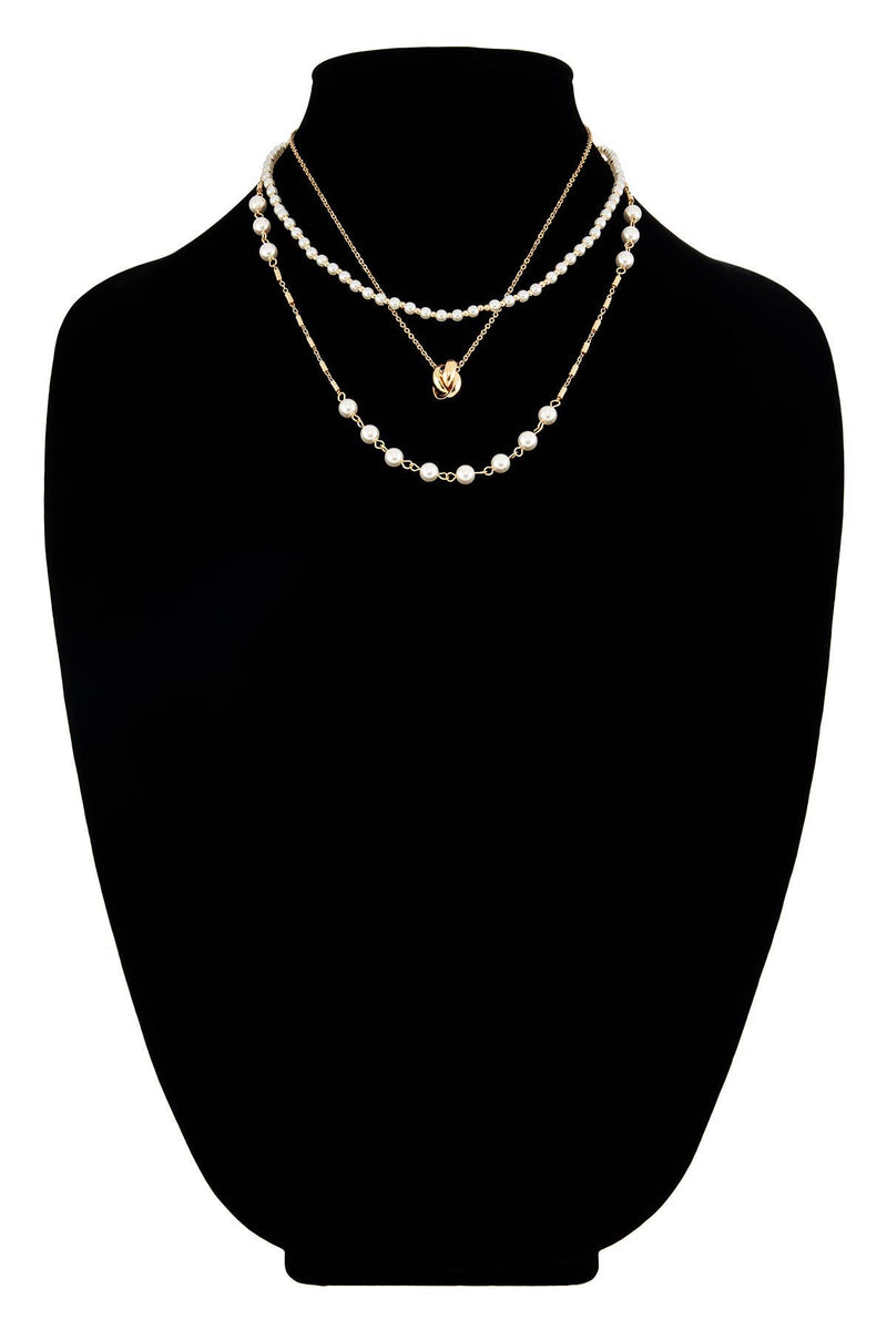 Triple Layer Pearl Chain Link Necklace - Silver
