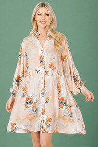 Floral Print Button Down Dress - Beige