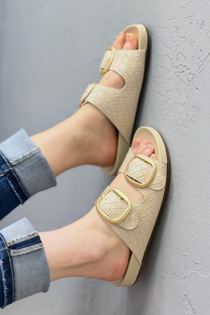 Desiree - Beige Woven Slide Gold Buckles