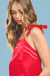 Piped Square Neck Self Tie Top - Red