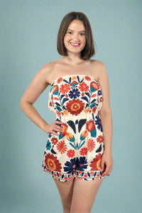 Vibrant Boho Floral Strapless Romper