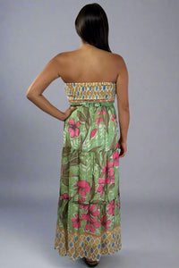 Tropical Strapless Maxi Dress - Green
