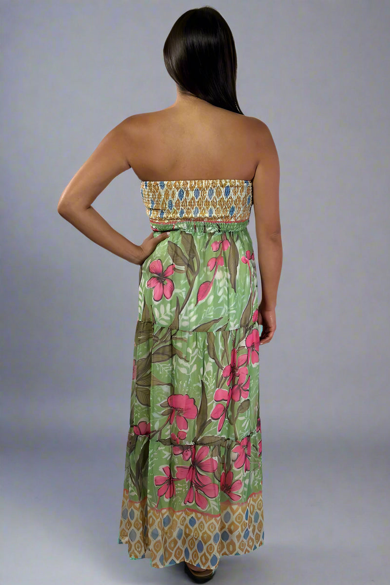 Tropical Strapless Maxi Dress - Green