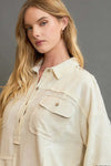 Contrast Half Button Down Top - Oatmeal