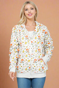 Floral & Mushroom Zipper Hoodie - Grey