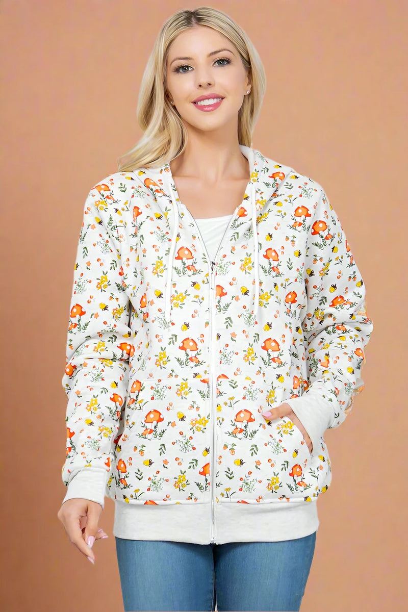Floral & Mushroom Zipper Hoodie - Grey