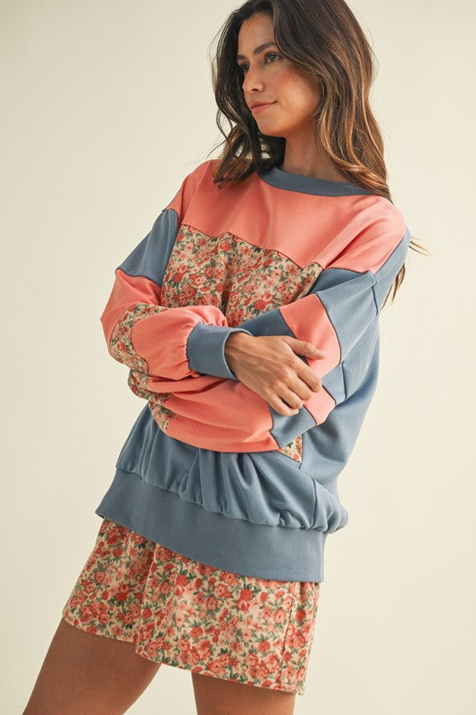 Floral Panel Color Block Sweatshirt - Rose Pink