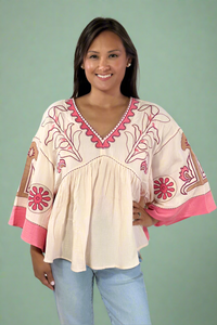 Embroidered Gauzy Top - Peach Pink
