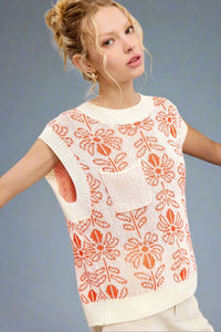Floral Sleeveless Sweater Vest Top - Orange