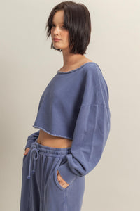 Frayed Long Sleeve Crop Top - Dark Night