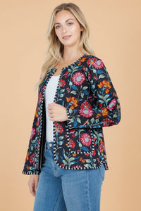 Floral Print Quilted Cotton Jacket - Black