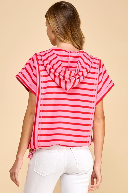 Striped Split Front Pocket Hoodie - Pink