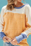 Color Block Fuzzy Sweater Long Sleeve Top Mustard