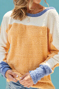 Color Block Fuzzy Sweater Long Sleeve Top Mustard