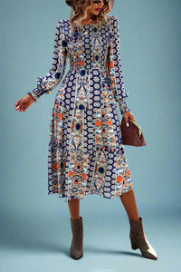 Paisley Smocked Midi Dress - Navy