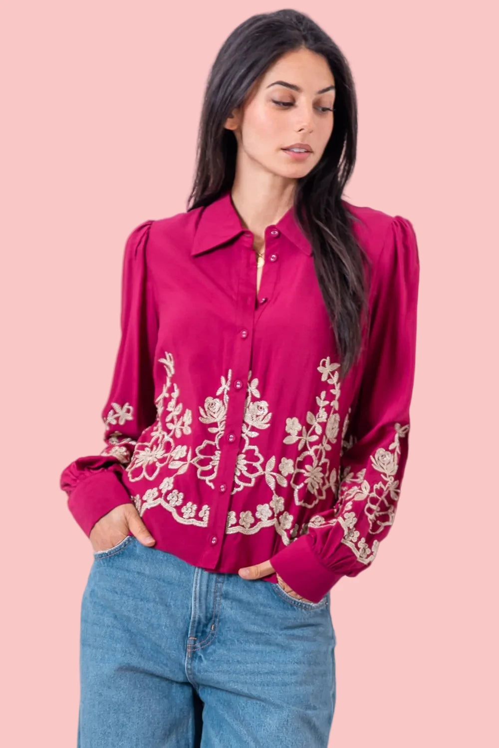 Flower Embroidered Shirt - Pink