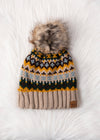 Taupe & Multicolored Patterned Pom Hat