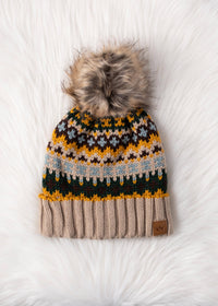 Taupe & Multicolored Patterned Pom Hat