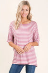 Casual Short Sleeve Stripe Top - Mauve