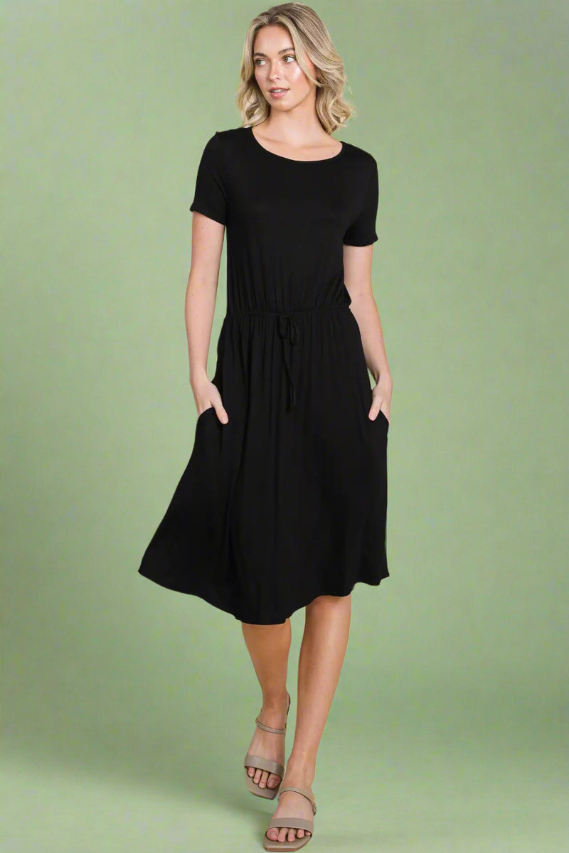 Solid Drawstring Waist Dress - Black
