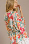 Floral Pleated Kimono Sleeve Top Cream