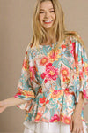 Floral Pleated Kimono Sleeve Top Cream