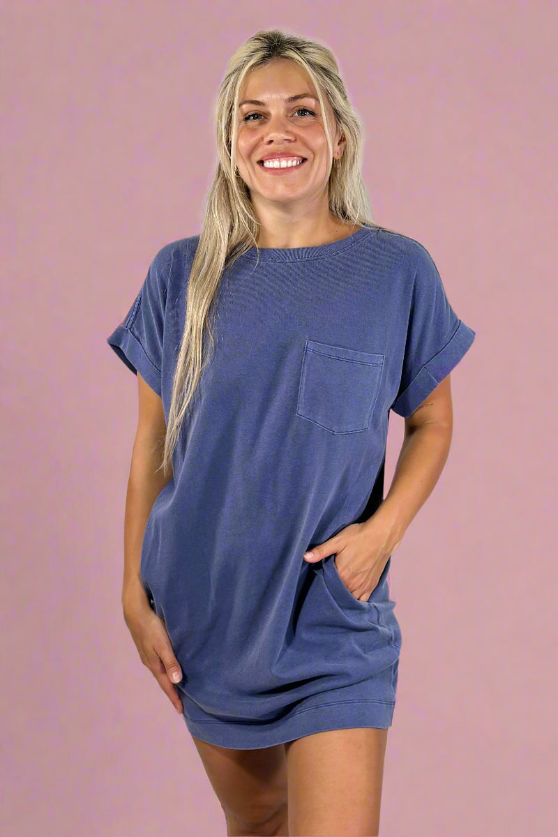 Unwind In Style T Shirt Dress - Dusty Indigo