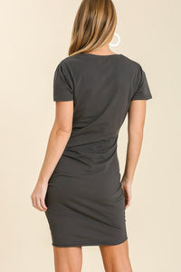 Button Detail Dress Ruched Side - Grey