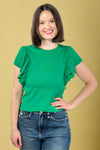 Ribbed Flounce Sleeve Blouse Green