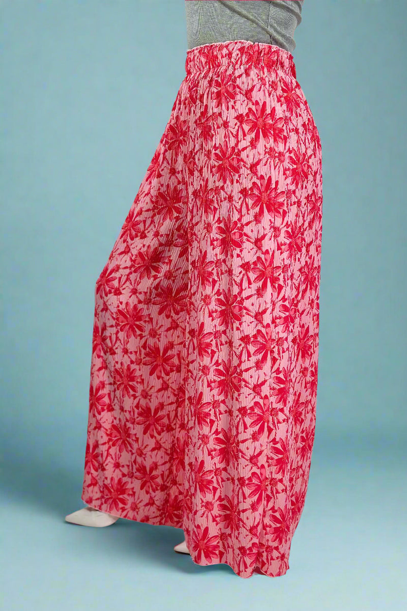 Wide Leg Floral Crinkle Pant - Pink