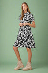 Poplin Print Midi Shirt Dress - Black