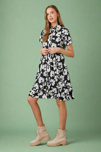 Poplin Print Midi Shirt Dress - Black