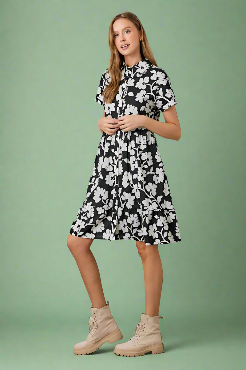 Poplin Print Midi Shirt Dress - Black