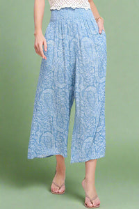 Boho Paisley Print Wide Leg Pant - Sky