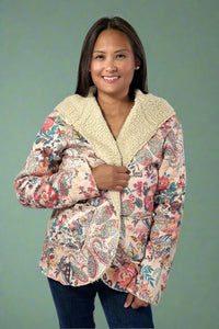 Paisley Floral Sherpa Hooded Jacket - Beige