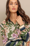 Printed Button Front Top - Olive