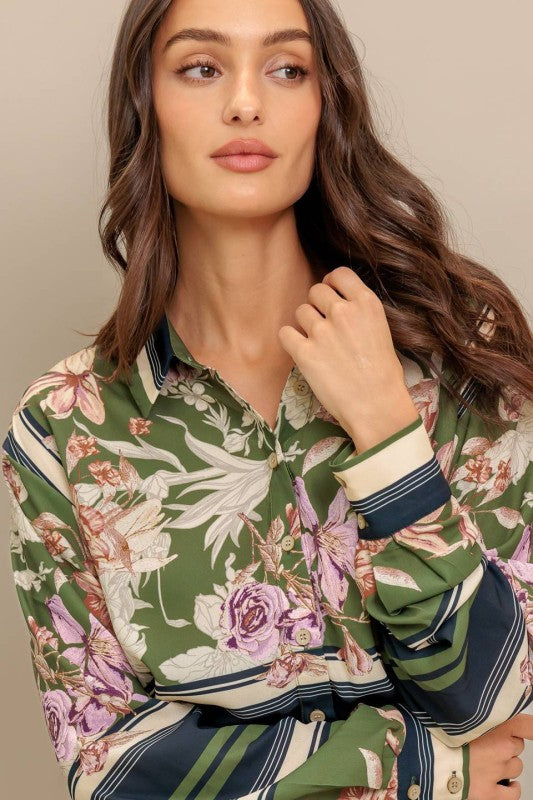 Printed Button Front Top - Olive