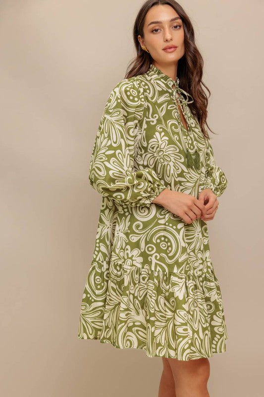 Printed Woven Mini Dress - Olive