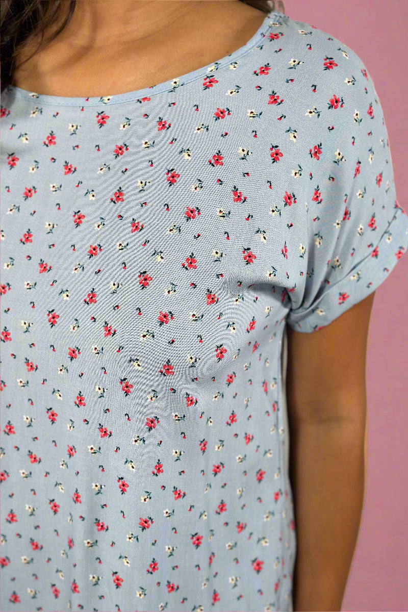 Floral Folded Sleeve Top - Blue