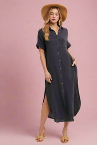 Button Up Maxi Shirt Dress - Ash