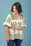 Bubble Sleeve Border Printed Top - Olive
