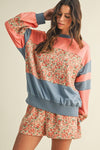 Floral Panel Color Block Sweatshirt - Rose Pink