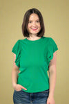 Ribbed Flounce Sleeve Blouse Green