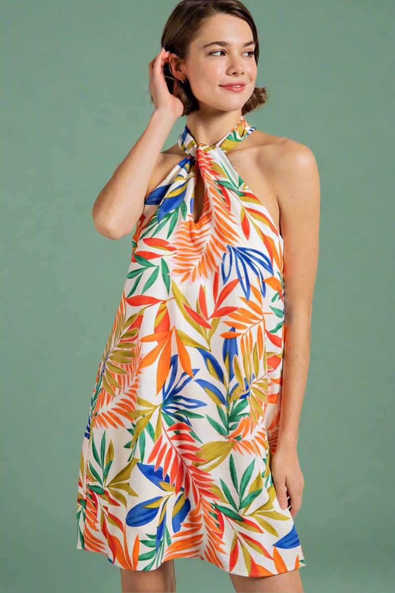 Tropical Print Halter Dress - Orange