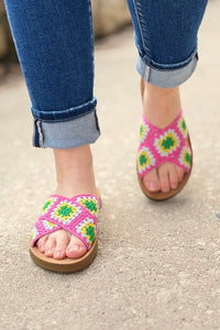 Granny Square Crochet Slides - Pink